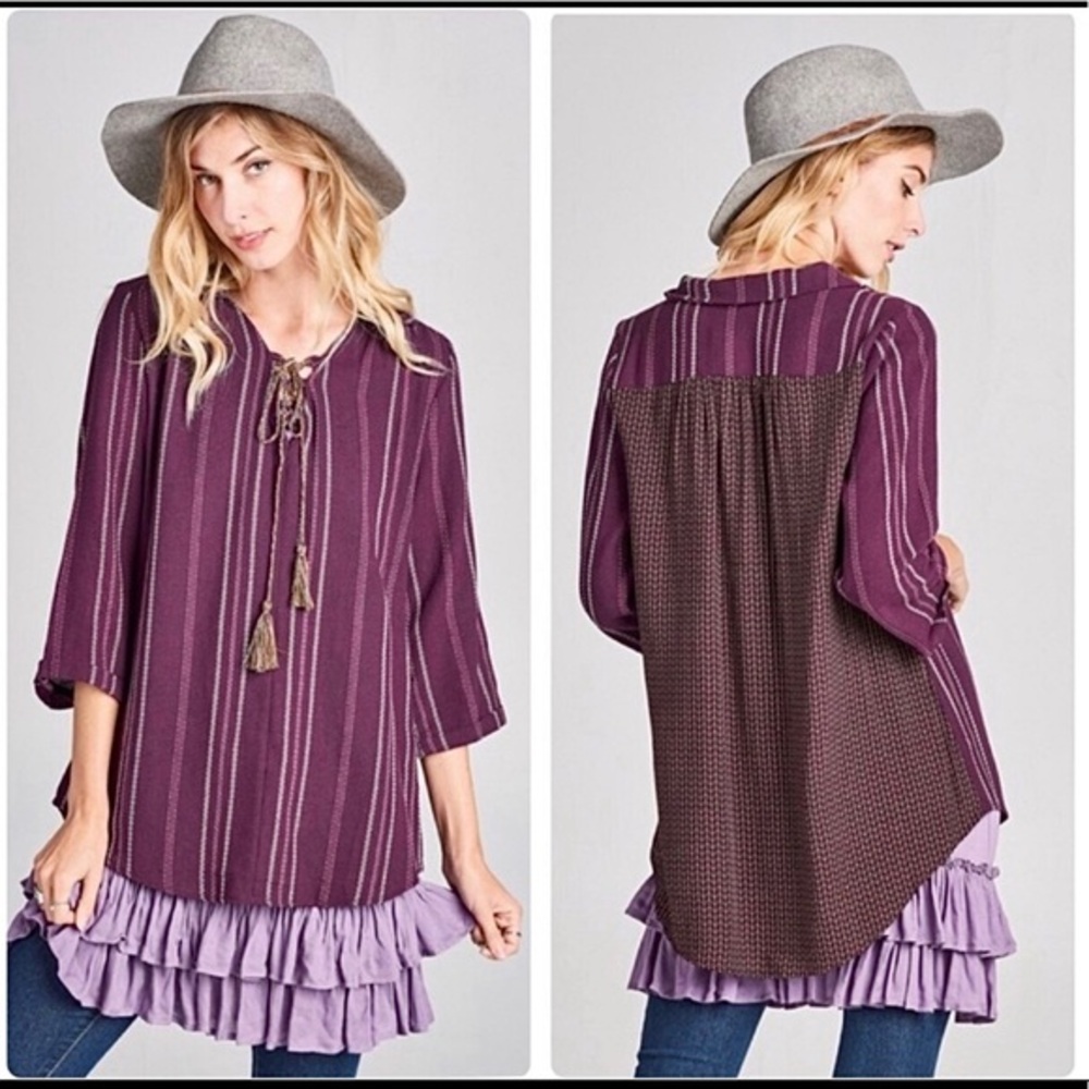 BOHO shirt woven knit TOP variegated stripe jacquard top S TRENDING deep Purple